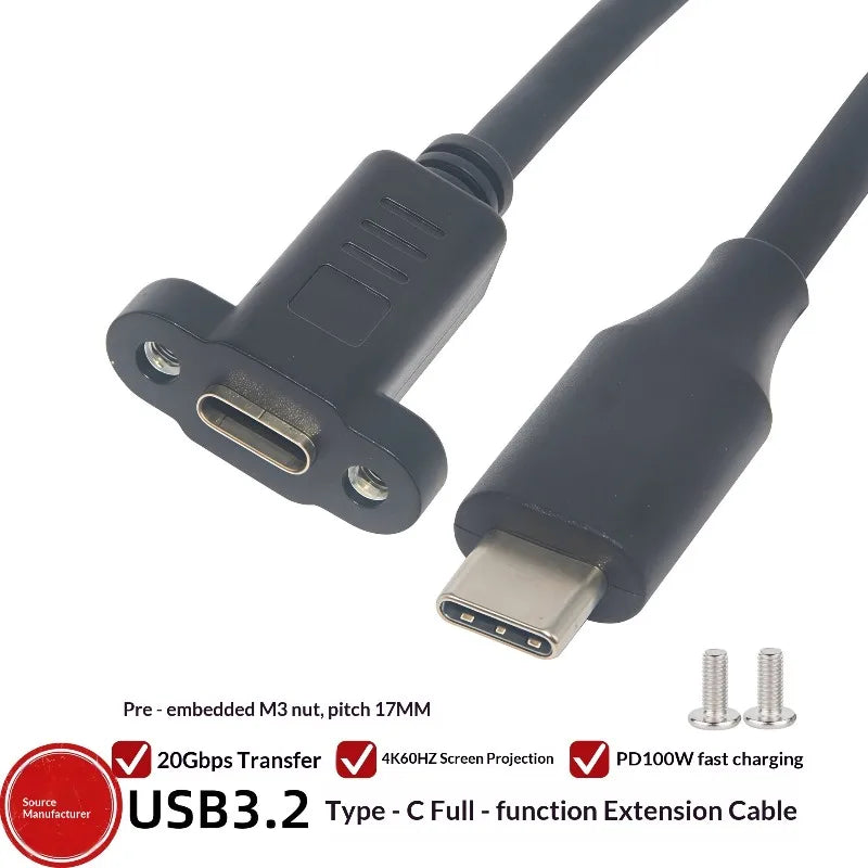 Extension Cable USB3.2 4K/60HZ Type-C Male for Female 30/50cm 20Gbps with Screws, Panel Mounting Cable Type-C for Nintendo PC (100 Parts)