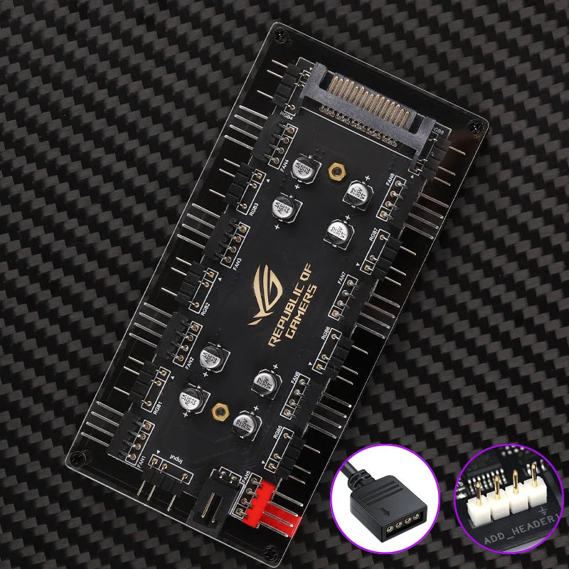 12v 4 rgb/5v pins 3 argb pwm temperature control speed 2-in-1 fan hub 8 hubs 12v 4pin/5v 3pin with optional sata power cable