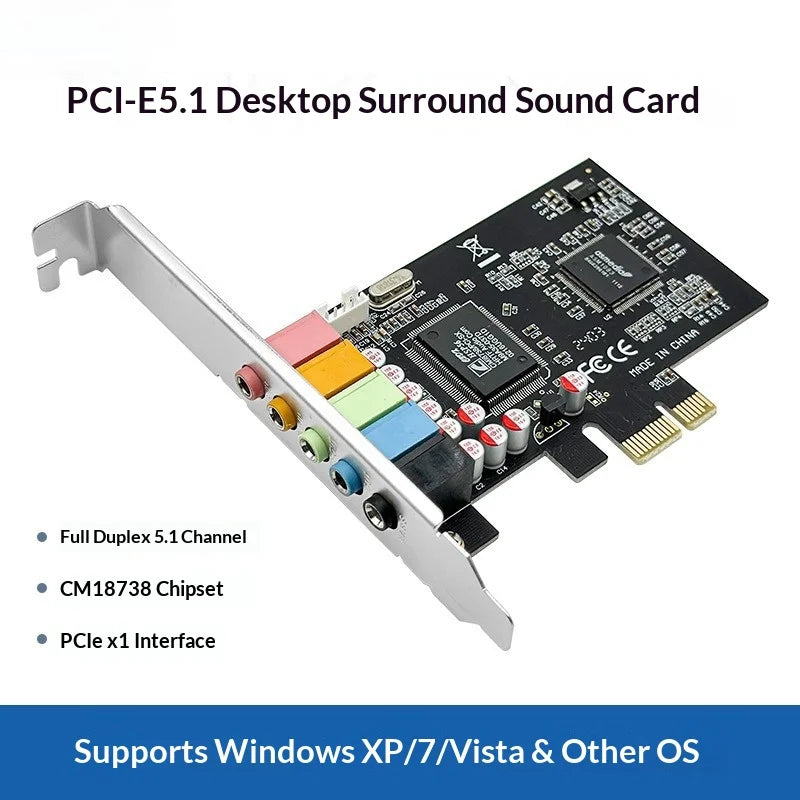 Recessed PCI-E audio plate for 5.1 canais stereo, with CMI8738 chip, support for reverb, Windows XP/Vista/7/8/8.1/10, 10 fish.