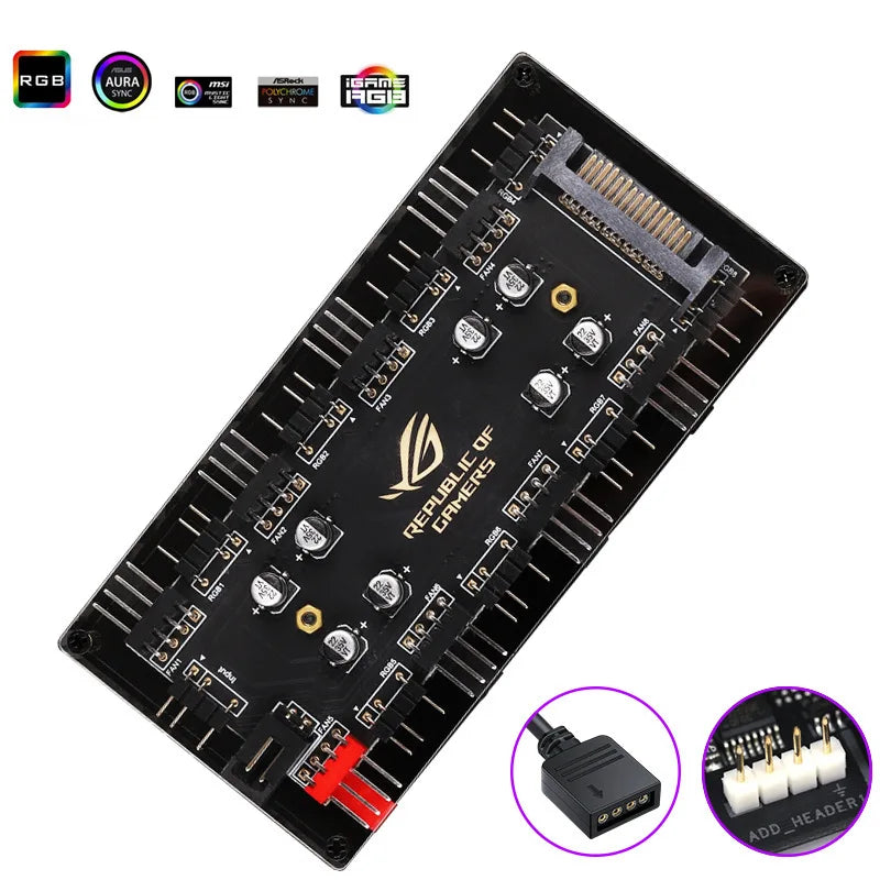 12v 4 rgb/5v pins 3 argb pwm temperature control speed 2-in-1 fan hub 8 hubs 12v 4pin/5v 3pin with optional sata power cable