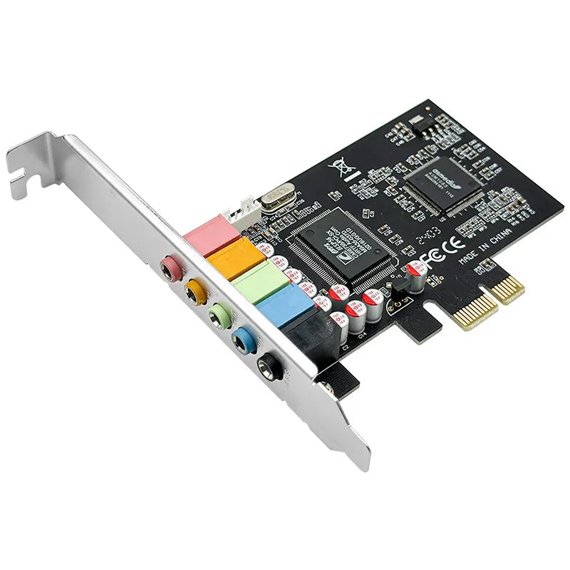 Recessed PCI-E audio plate for 5.1 canais stereo, with CMI8738 chip, support for reverb, Windows XP/Vista/7/8/8.1/10, 10 fish.