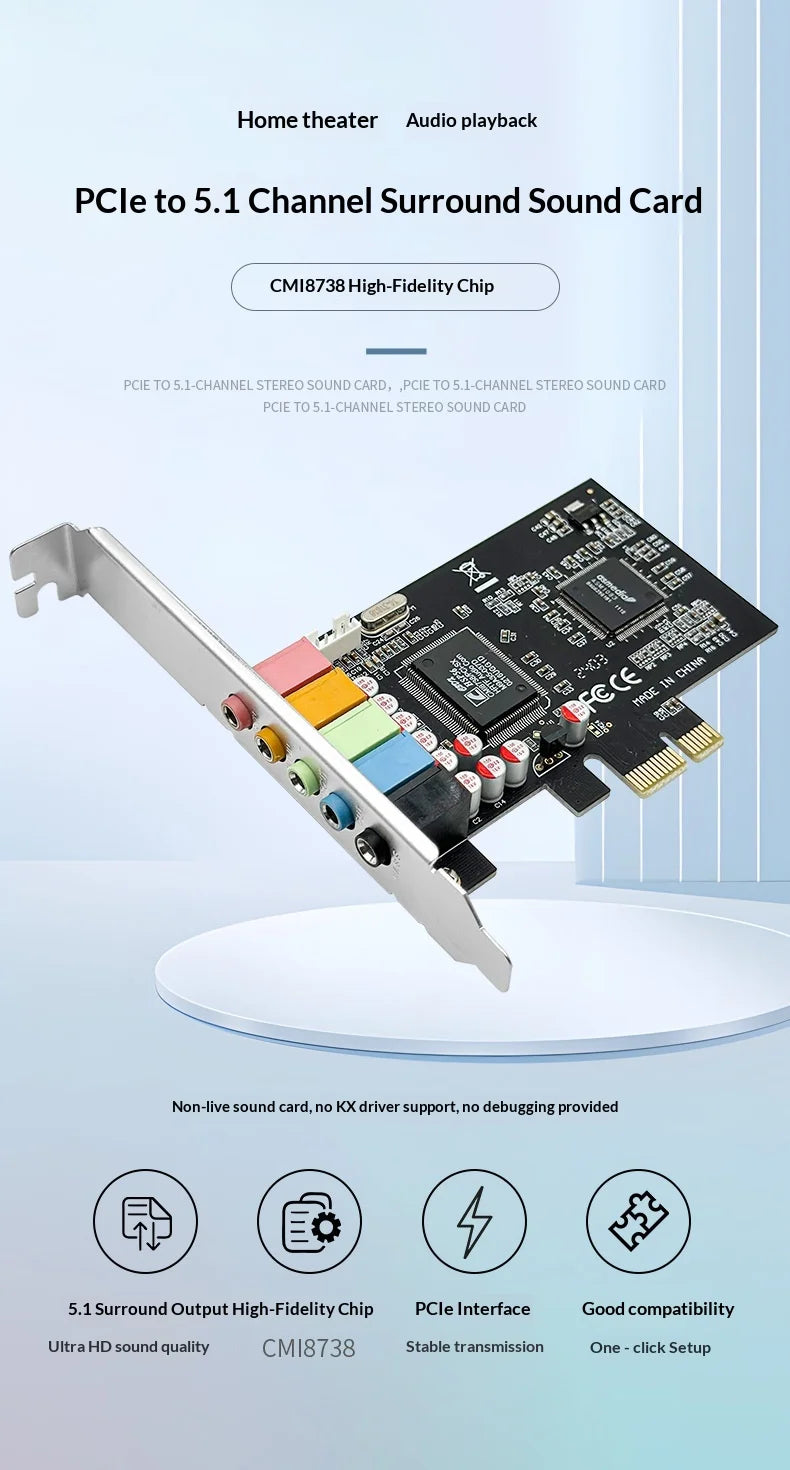 Recessed PCI-E audio plate for 5.1 canais stereo, with CMI8738 chip, support for reverb, Windows XP/Vista/7/8/8.1/10, 10 fish.