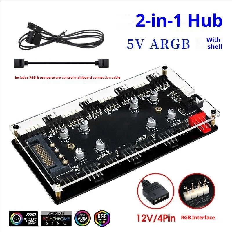 12v 4 rgb/5v pins 3 argb pwm temperature control speed 2-in-1 fan hub 8 hubs 12v 4pin/5v 3pin with optional sata power cable