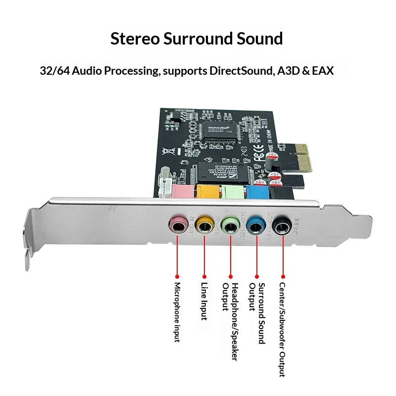 Recessed PCI-E audio plate for 5.1 canais stereo, with CMI8738 chip, support for reverb, Windows XP/Vista/7/8/8.1/10, 10 fish.