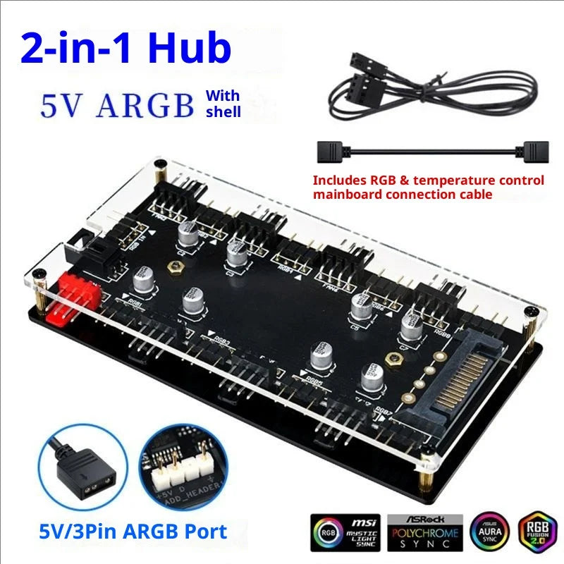 12v 4 rgb/5v pins 3 argb pwm temperature control speed 2-in-1 fan hub 8 hubs 12v 4pin/5v 3pin with optional sata power cable