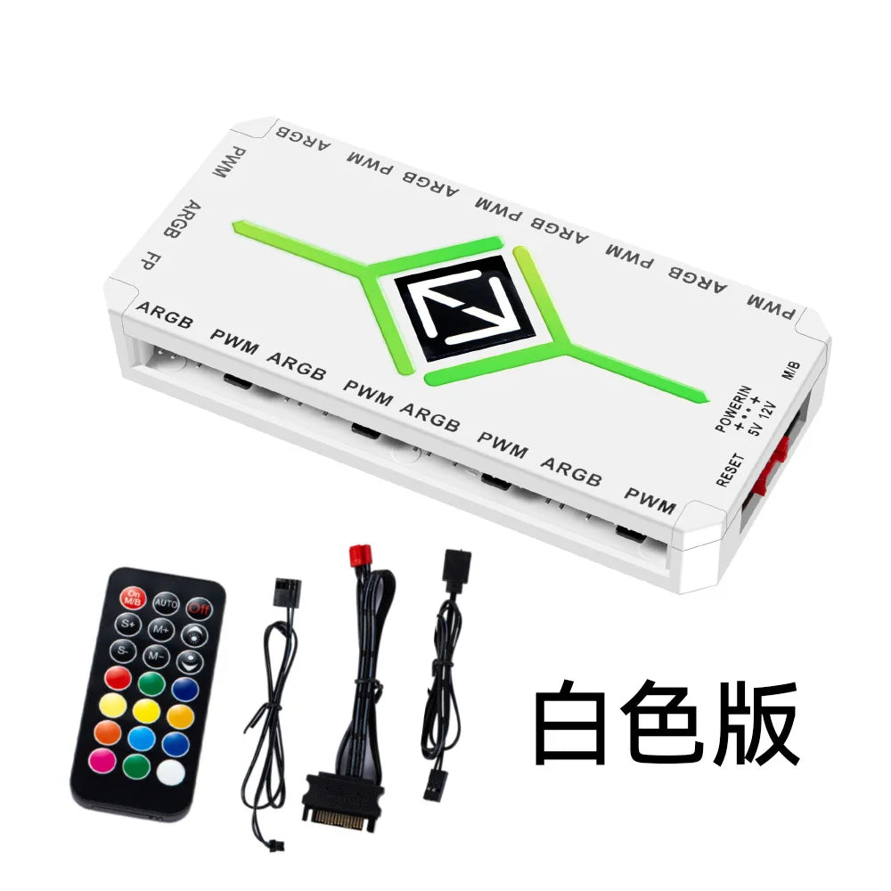 ARGB & 】 9-Port Hub 5V 3Pin/12V 4Pin 】 Computer Fan SATA Power Multidirectional Splitter with Aurora Sync 10pcs Remote Control