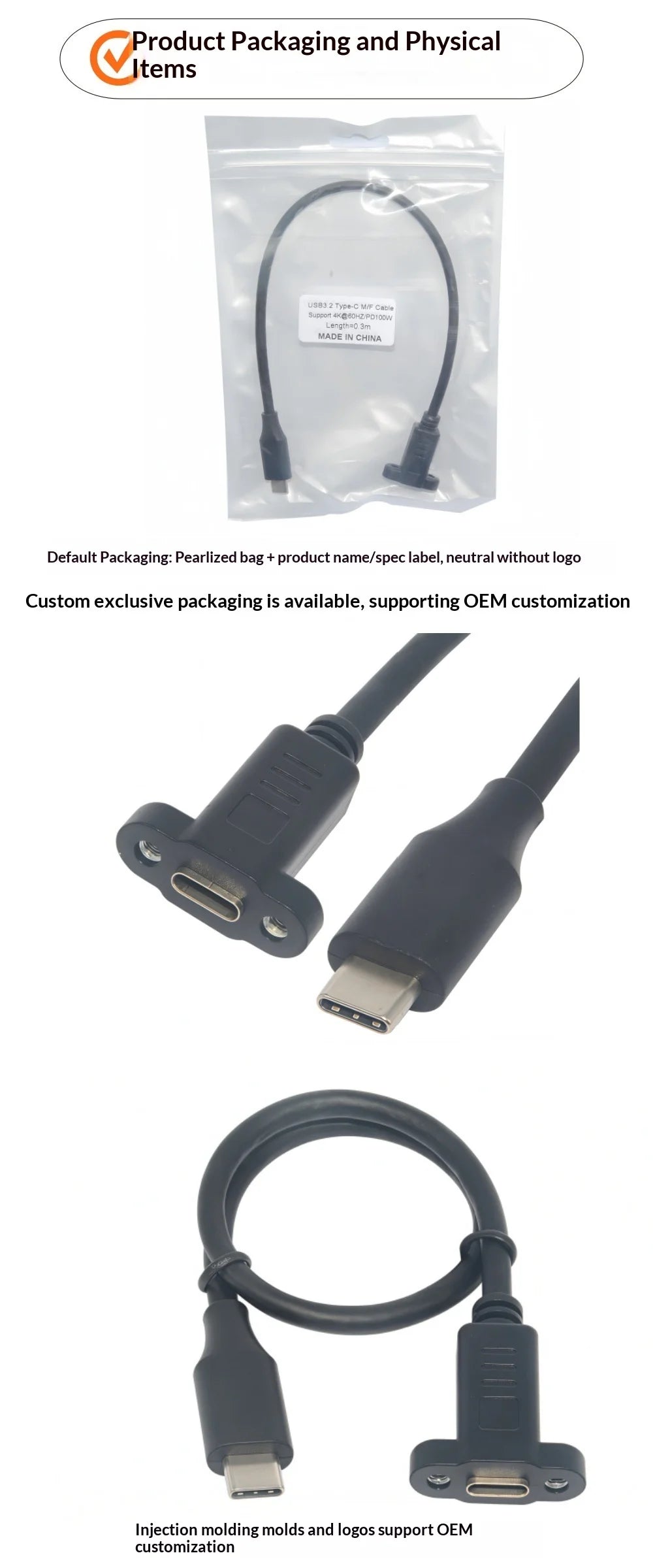 Extension Cable USB3.2 4K/60HZ Type-C Male for Female 30/50cm 20Gbps with Screws, Panel Mounting Cable Type-C for Nintendo PC (100 Parts)