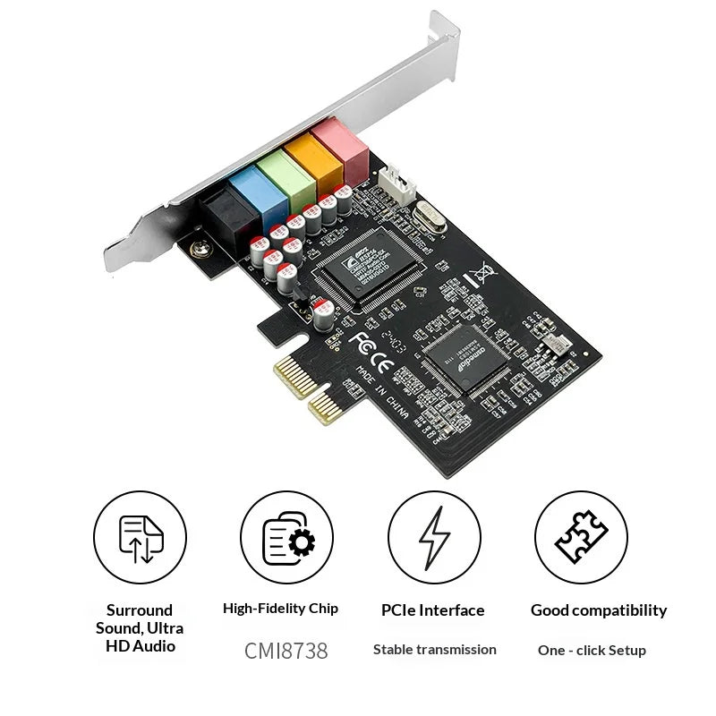 Recessed PCI-E audio plate for 5.1 canais stereo, with CMI8738 chip, support for reverb, Windows XP/Vista/7/8/8.1/10, 10 fish.